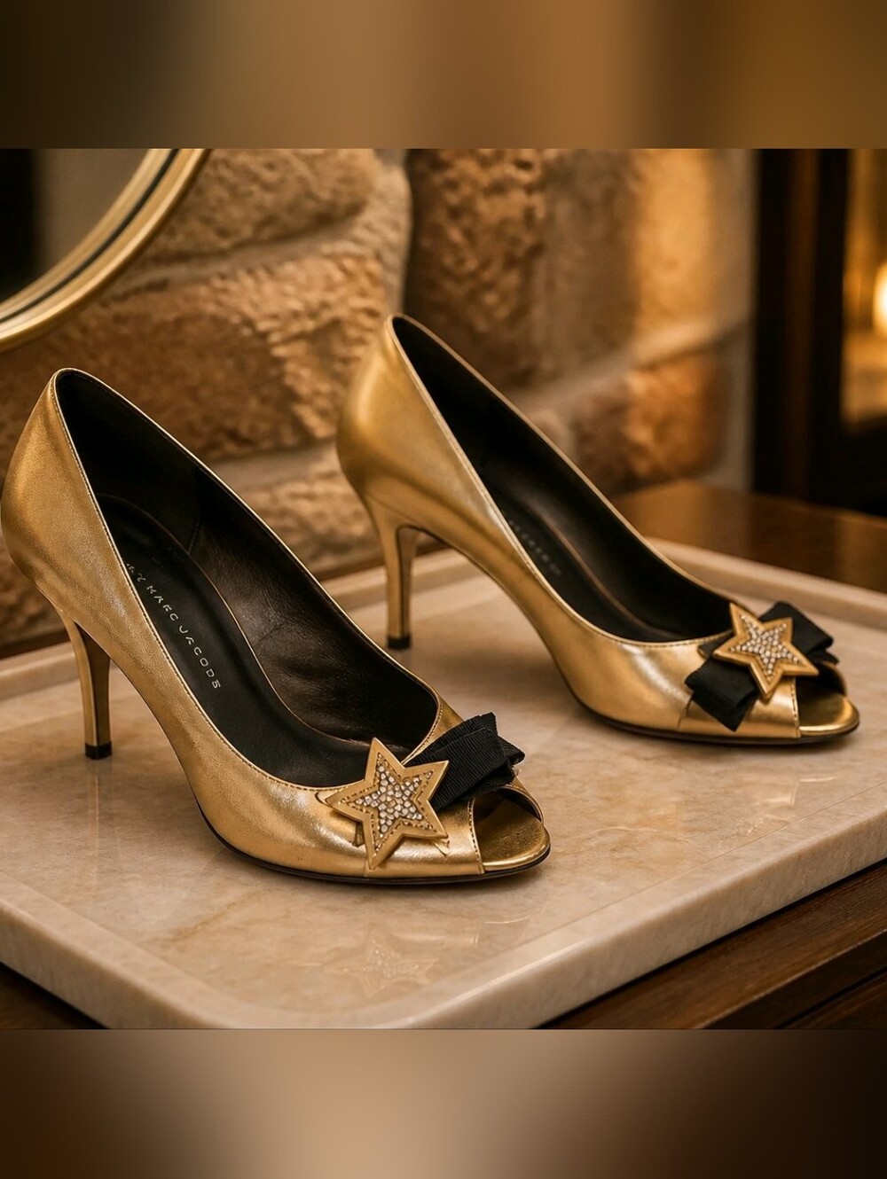 Marc By Marc Jacobs Gold Metallic Star & Bow Peep-Toe Stiletto Heels, Size 6